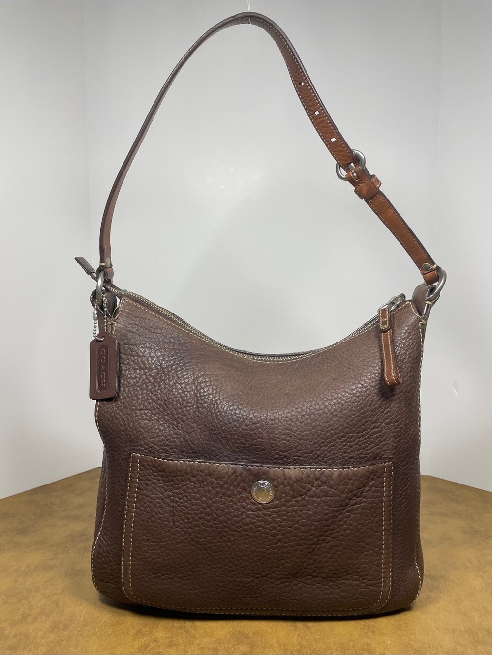 Coach Chelsea F10891 Brown Pebbled Leather Hobo Purple Lining Y2K